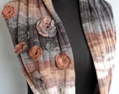 Brown Striped Infinity Scarf Cowl Wrap Beige Gray and Crocheted Flower