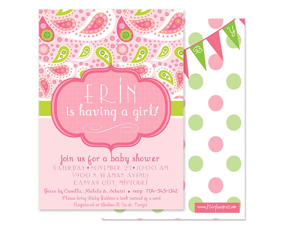 Pink and Green Paisley Baby Shower or Birthday Party Invitation-Customized and Printable Il_570xn