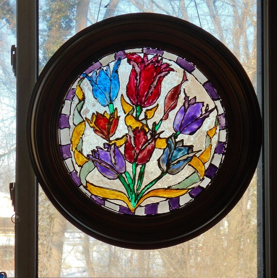 SALE Liquid Stained Glass Painting of Colorful Tulips with