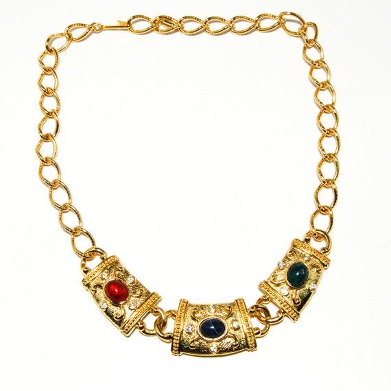 Vintage Etruscan Style Royal Color Cabochon Necklace Collar