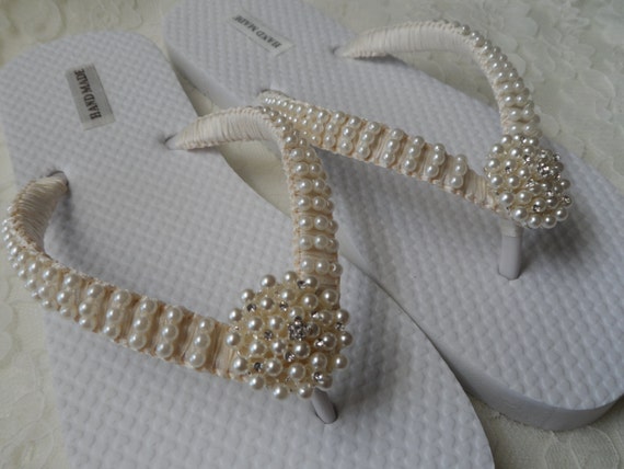Ivory Pearls Flip Flops  Wedding Sandals Pearls Rhineston Flip Flops ...