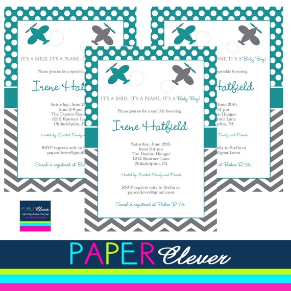 Boys Baby Shower Invitation teal gray airplane by paperclever