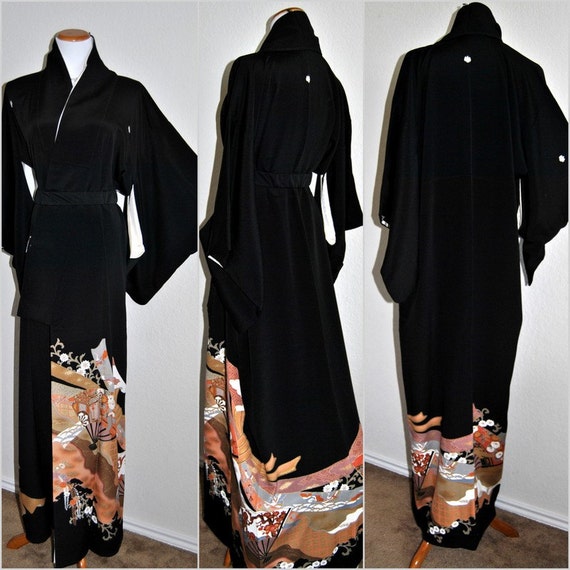 Vintage Japanese Silk Kimono Robe Floral Black Art by EventOutlet