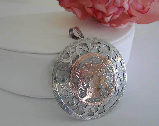 Coin Silver Designer Signed Aztec or Mayan Disc Brooch Pendant / Vintage Jewelry / Jewellery