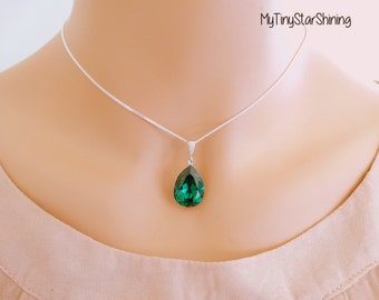 Emerald Necklace Green Emerald NecklaceTeardrop Necklace Sterling Silver Necklace Wedding Jewelry