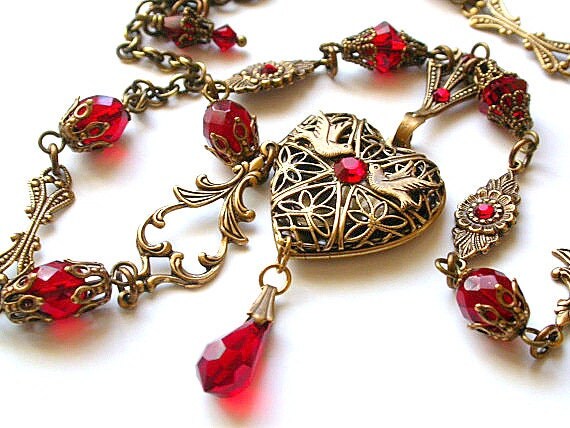 Victorian Heart Locket Pendant Ruby Swarovski Crystals
