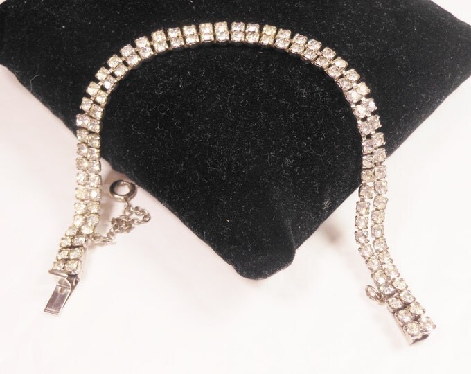 FREE SHIPPING Rhinestone bracelet Art Deco clear two strand with safety guard vintage