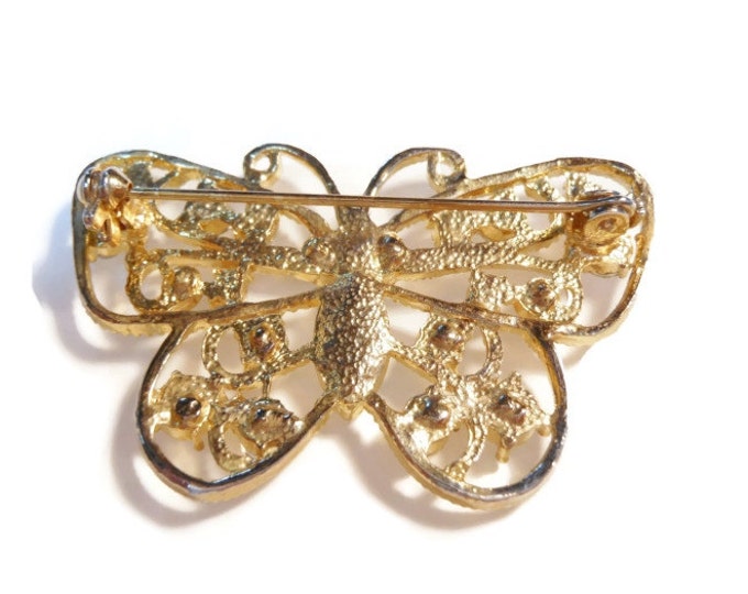 FREE SHIPPING Butterfly brooch, open work rhinestone AB butterfly (Aurora Borealis) in gold tone