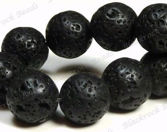 10mm Black Natural Lava Rock Beads - 15.5 Inch Strand - Round Lava Beads - BB3