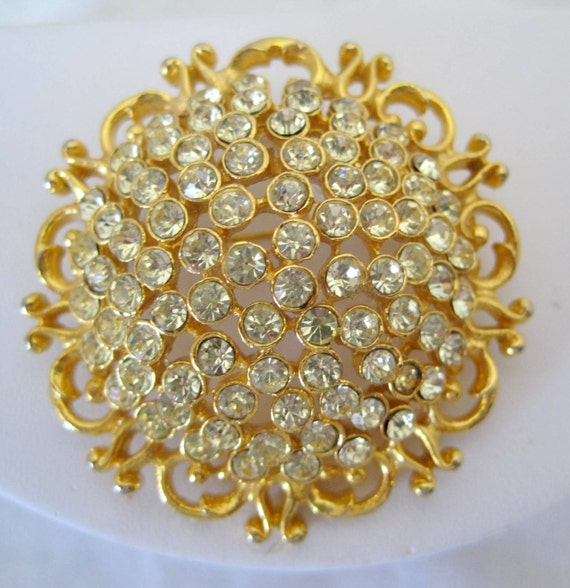 Yellow Rhinestone Brooch Signed Weiss Round by VintagObsessions