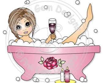 Digital Digi Stamp Bathtime Emma in Black line & Colour . Female Birthdays