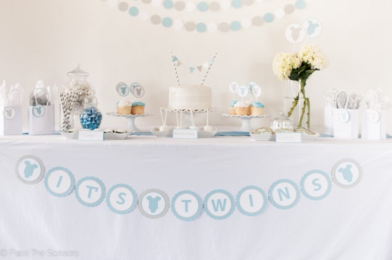 IT'S TWINS Boy Baby Shower Decoration Banner Twin Boys Choose From Elephant / Infant BodySuit / Bird/ Footprint Il_570xn