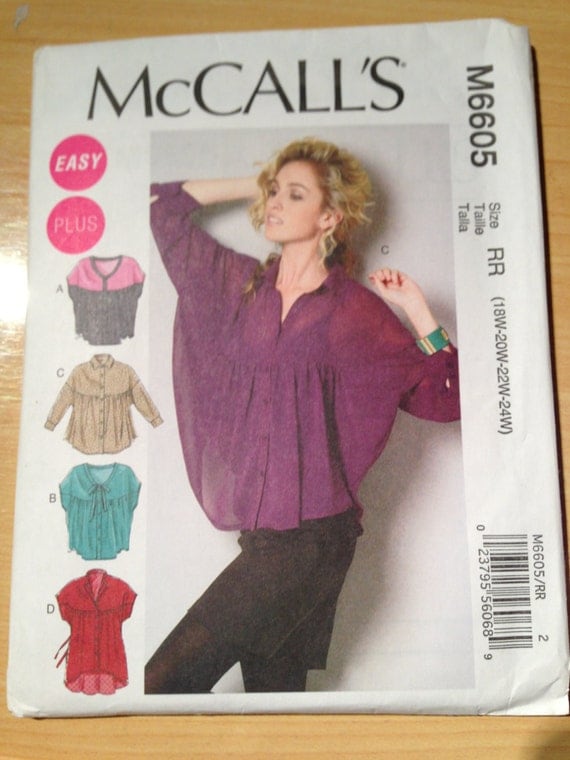 McCalls Sewing Pattern 6605 Womens Tops and Tunic Size 18, 20, 22, 24 UNCUT