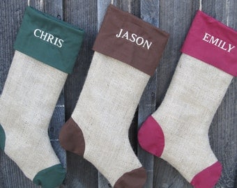 Personalized Rustic Burlap Christmas Stockings - Set of 3 - Great Holiday Gift