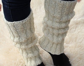Hand Knitted Wool Leg Warmers - Fairisle Cream main image 1