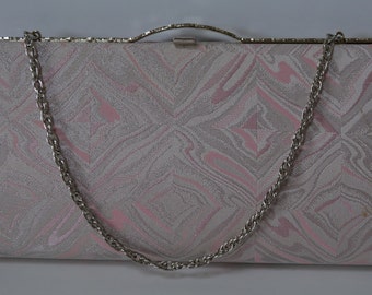 Pink and silver bridal handbag or clutch purse, silk brocade, vintage 1980s Japanese wedding purse