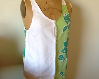 Vintage 1950's Table Cloth Dress - Up-Cycled Green Flower Pattern on White, 1950's