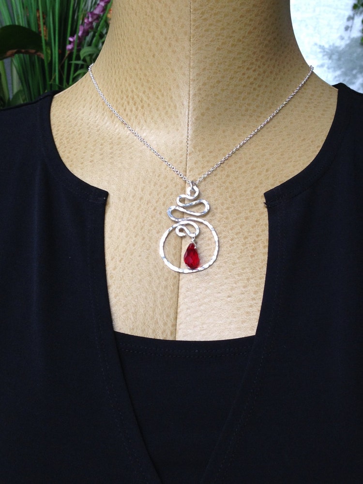 Hand Pound Pendant with Blood Red Tear Drop by MistyBlueDesigns