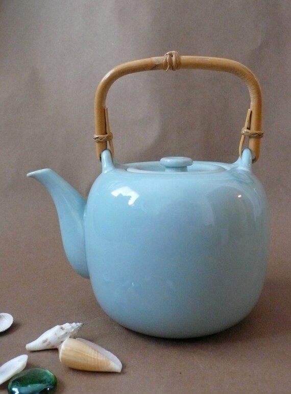 Vintage Blue Tea Pot Bamboo Handle By Taylor And NG of Japan