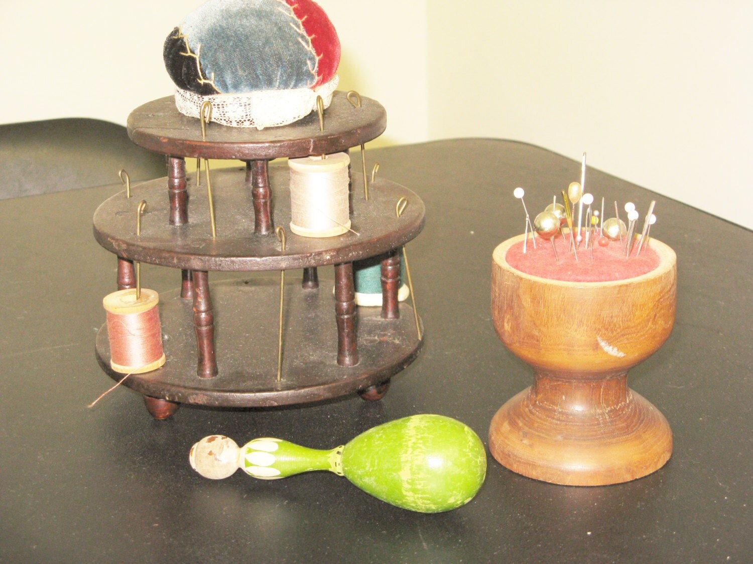 Vintage Sewing Lot Mahogany Thread Holder by NEPrimitiveAntiques