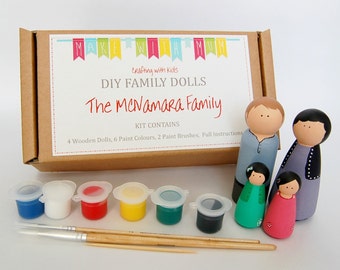 Peg Doll Kit - Family of 4 Wooden Dolls - Kids Craft Kit, DIY Craft Kit, Paint your own Family Dolls