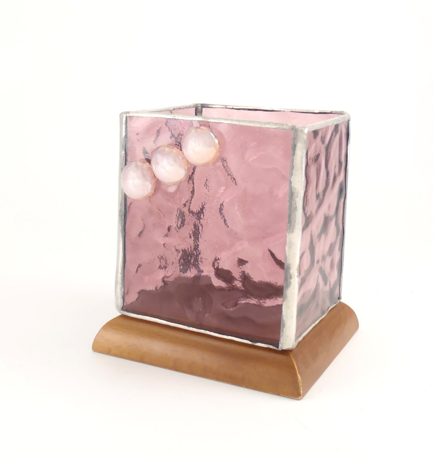 Pink Stained Glass Candle Holder Wooden Base Votive or Tea