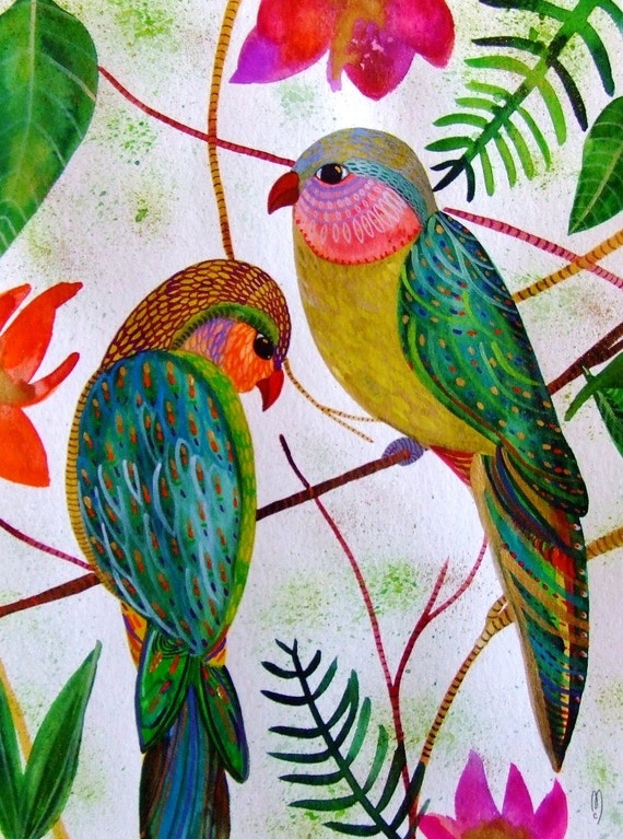 Birds Watercolor Gouache Ink Parrots Painting Couple Birds