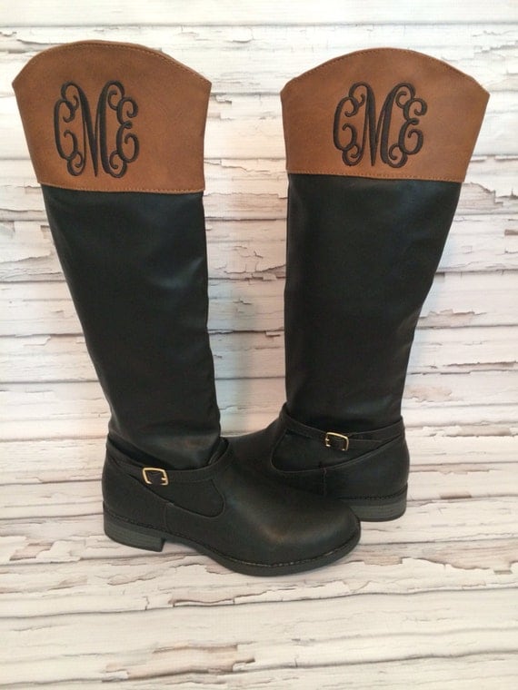 Monogrammed Boots Two Tone Black Brown Women's