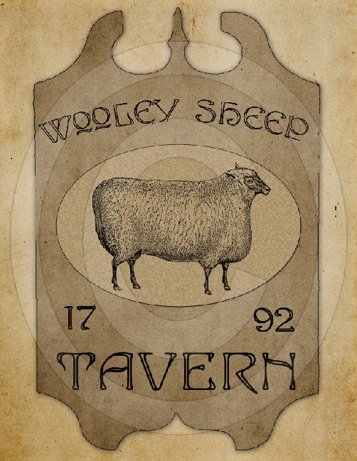 Primitive Wooley Sheep Tavern Pub Sign Feedsack Feed Sack Logo