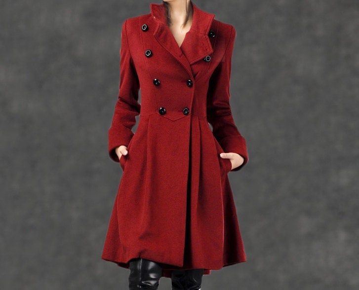 Red Military Coat Fit-and-Flare Cashmere Wool Swing Coat