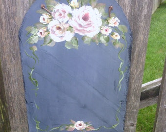 Charcoal Grey Slate with Pink & Mauve \ Cranberry Roses with Moss Green Leaves