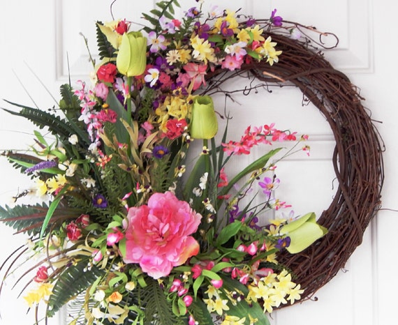 Items similar to Pink Lime Green Grapevine Wreath, Easter, Spring ...