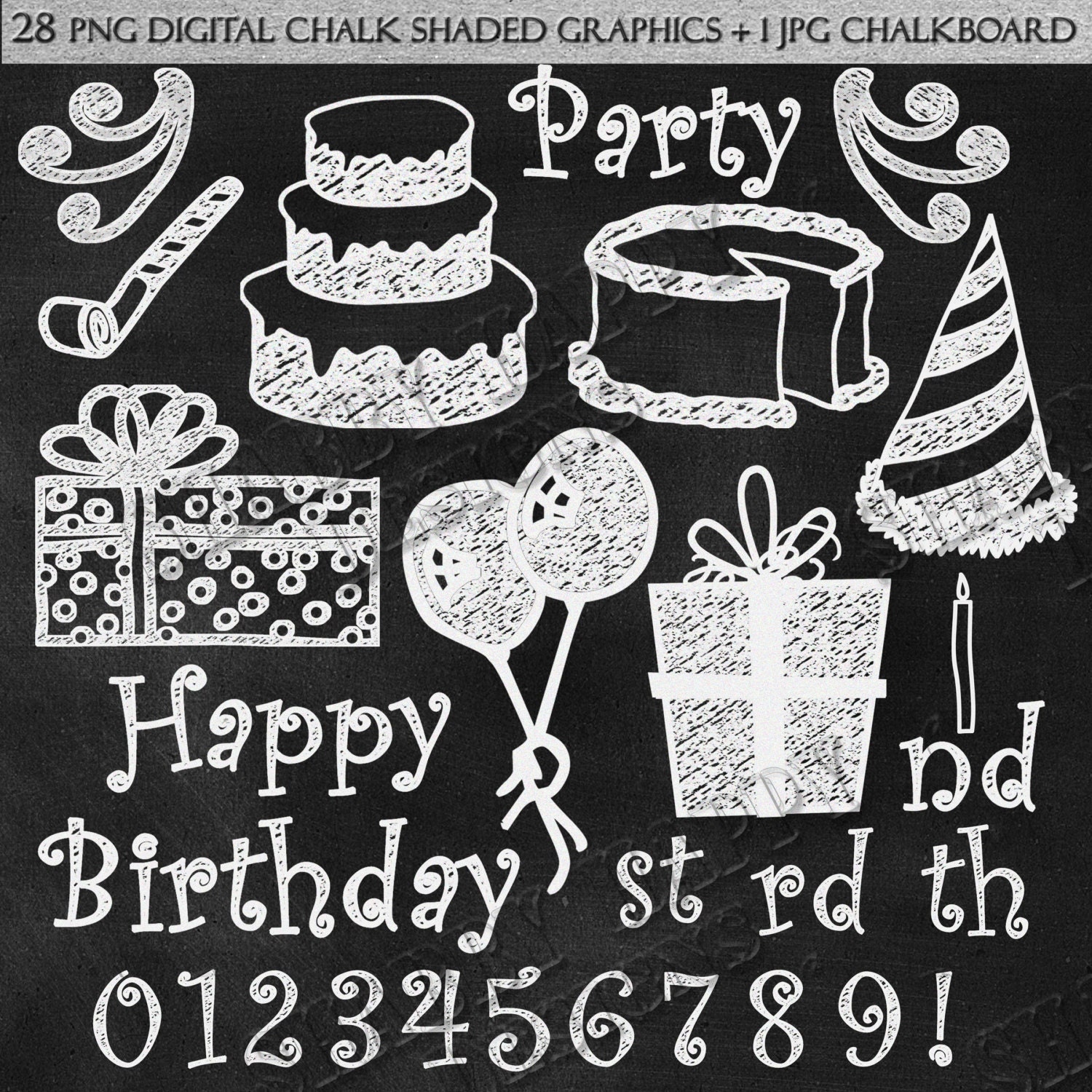 28 Chalk Overlays (TRUE overlay) Shaded PNG Bday Party Digital Kit ...