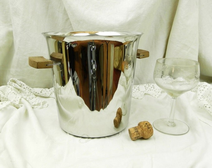 Vintage Mid Century French Stainless Steel Champagne and Teak Handles Ice Bucket, Retro 1960s Metal Wine Cooler from France, Barware Vintage Mid Century French Stainless Steel Champagne and Teak Handles Ice Bucket, Retro 1960s Metal Wine Cooler from France, Barware