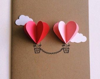 Couple Heart Hot Air Balloon Card ( red / pink )