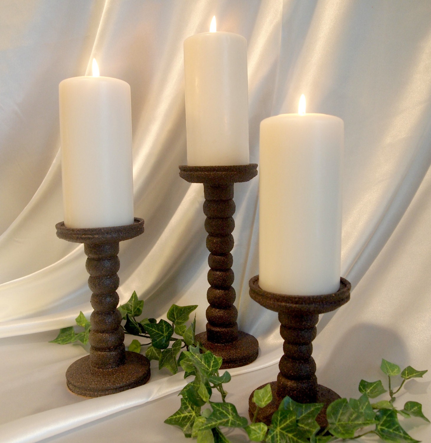 Pillar Candle Holders set of 3 Dark Mineral Stone Finish