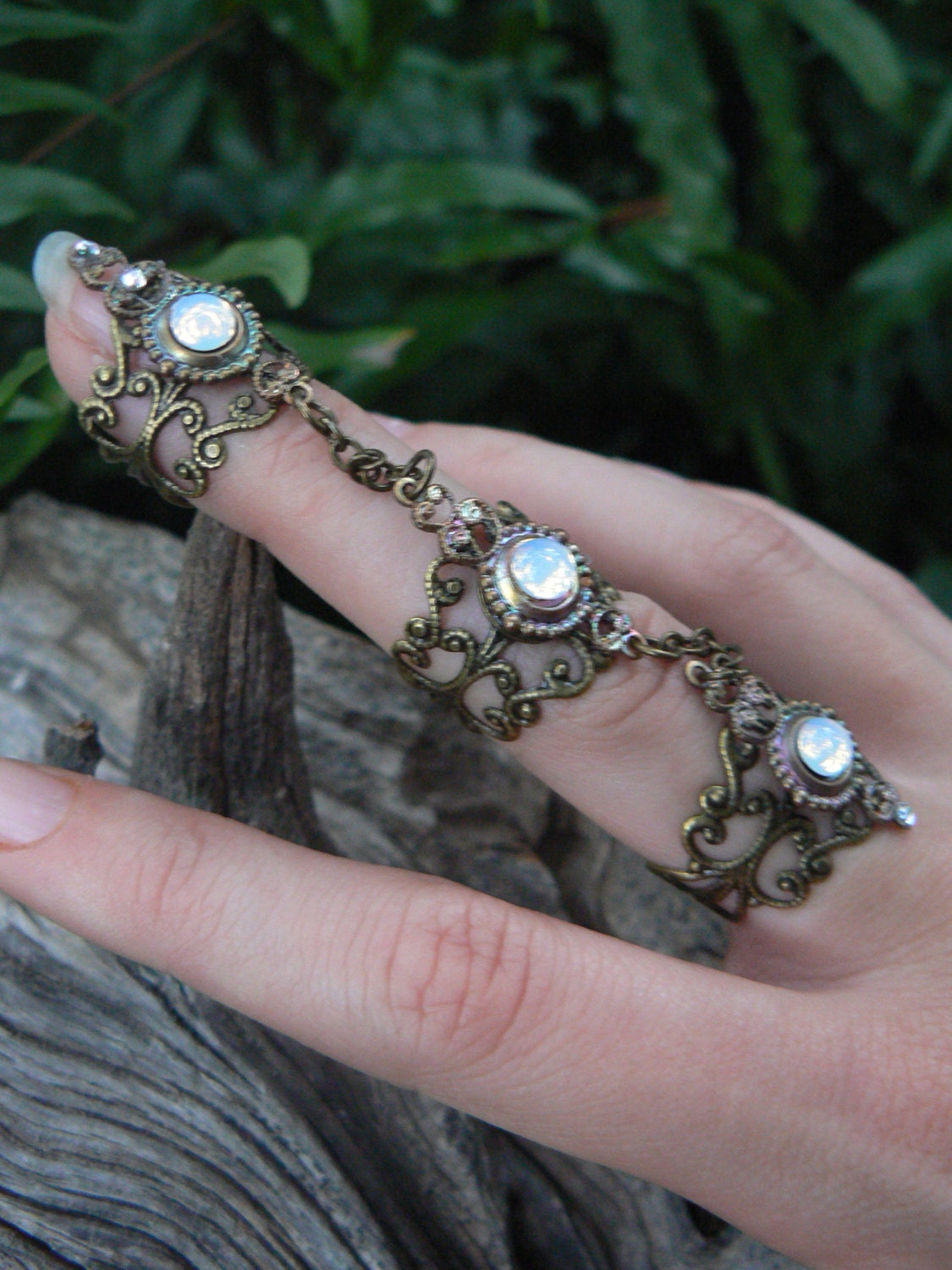 triple armor ring nail ring  opal glass claw ring knuckle ring statement ring victorian steampunk moon goddess pagan witch boho gypsy style