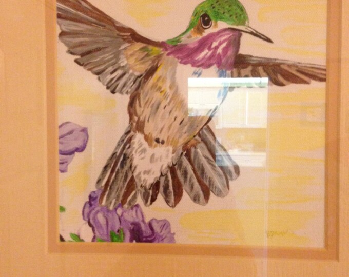 Hummingbird - 8 x8 acrylic canvas, green/yellow matte, 16 x 18 Purple Resin Frame