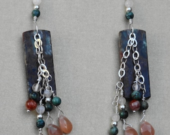 Turquoise, Sunstone, Moonstone Gemstone and Silver Dangle Earrings. Mixed gemstone Earrings. Boho Earrings. Dangle earrings.
