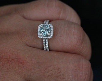 14k white gold 7mm aquamarine round single cushion halo diamond ring and wedding band set - Wedding Band For Halo Ring 14k white gold 7mm aquamarine round single cushion halo diamond ring and wedding band set - Wedding Band For Halo Ring