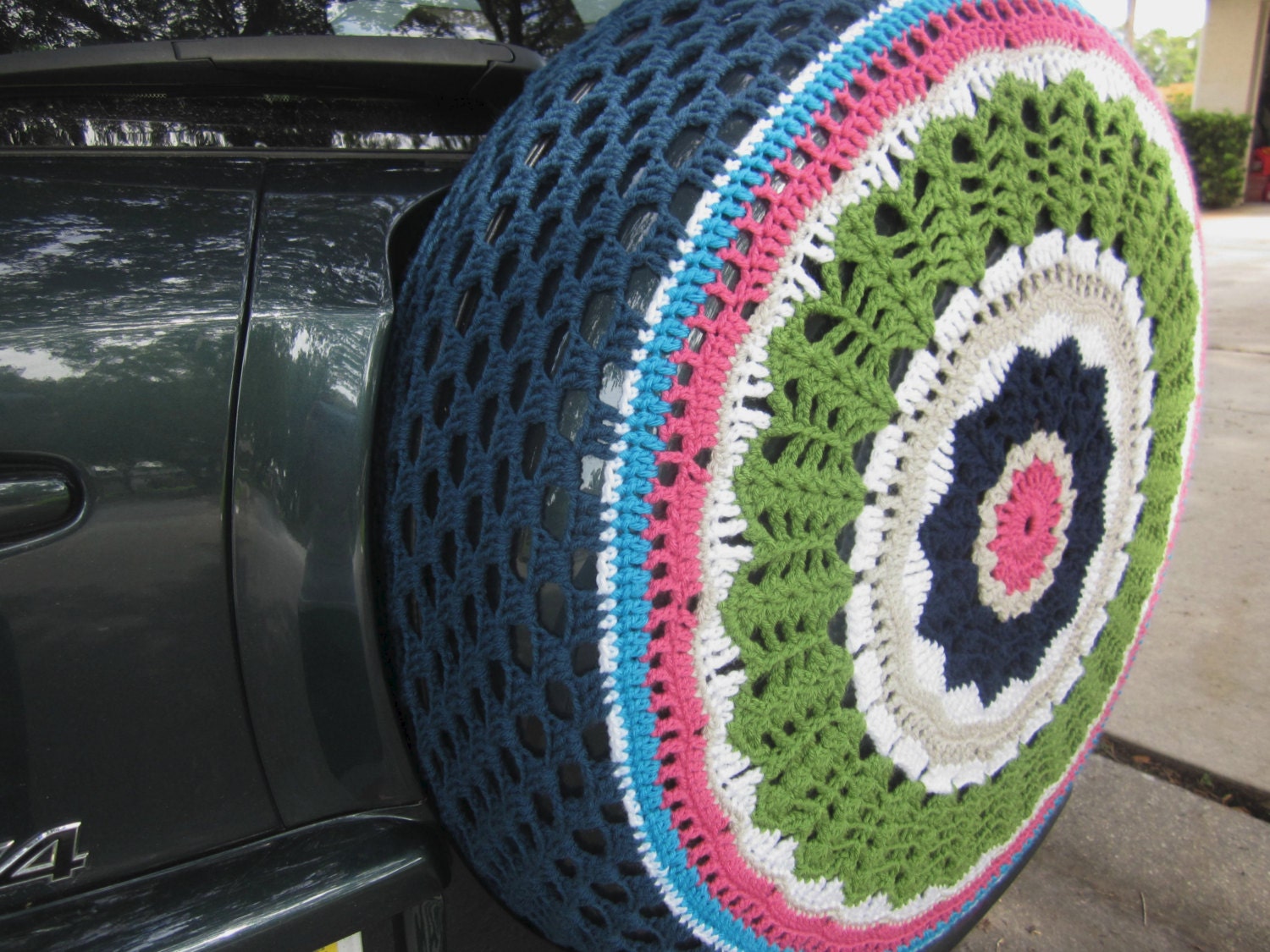 Pink Green and Navy Blue Crocheted Spare Tire Cover Perfect