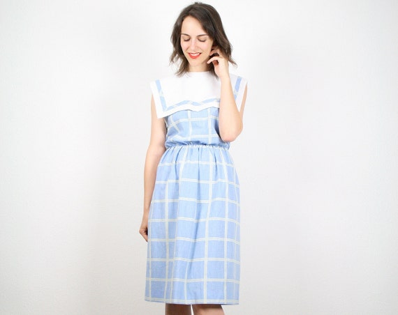 Vintage Sailor Dress Pastel Blue Sky Blue Plaid Sailor Bib Nautical Dress Midi Dress Sundress Day Dress Tea Length White M Medium L Large