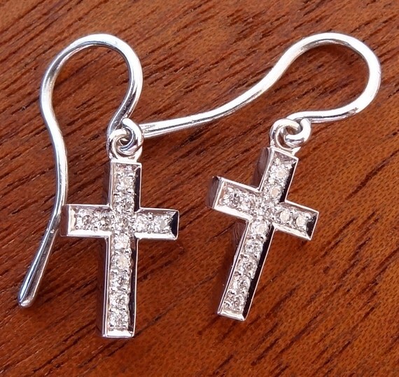 Small Fine Diamond Cross Dangle Earrings 14k White Gold