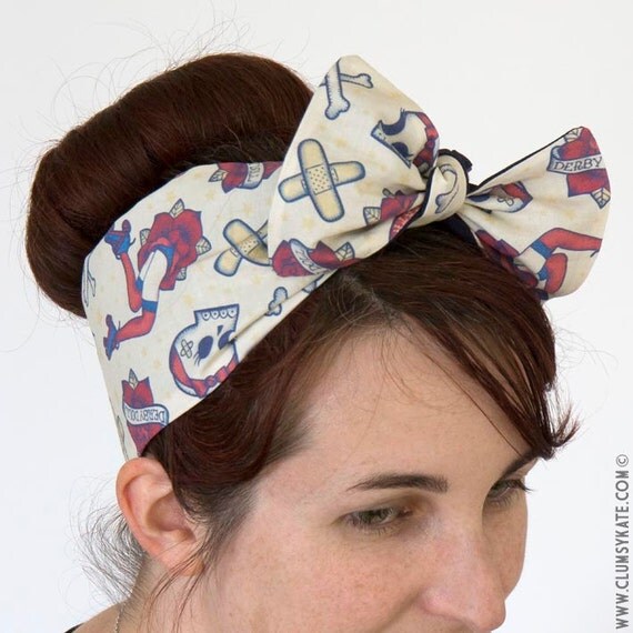 Items similar to Roller Derby Tattoo Print Head Scarf in Cream by ...
