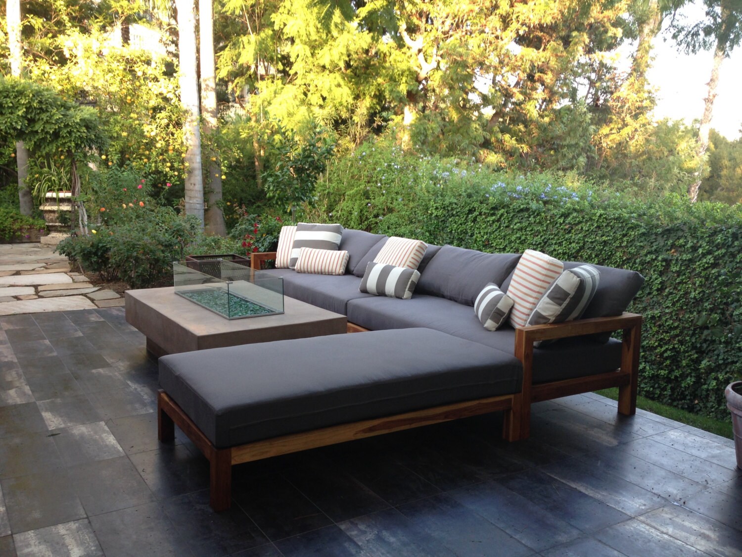 Exterior Teak Sectional with Outdoor Belgian Linen Cushions