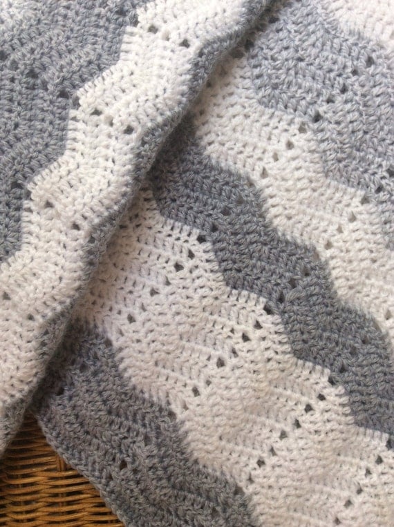 Crocheted White With Shades of Gray Ripple Baby or Lap Blanket