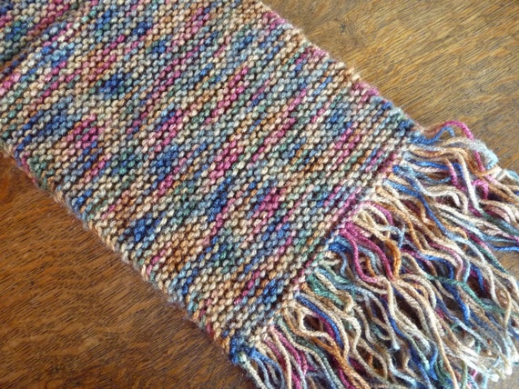 Knit Scarf - Multi-colored (blues, browns, reds, greens) with Fringed Ends