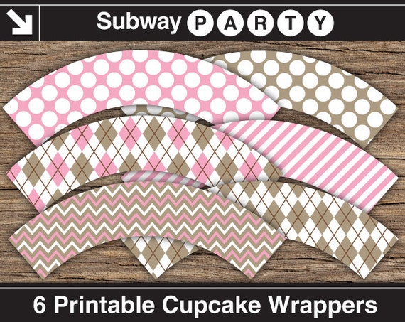 Printable Pink Sock Monkey Cupcake Wrappers in Pink and Taupe