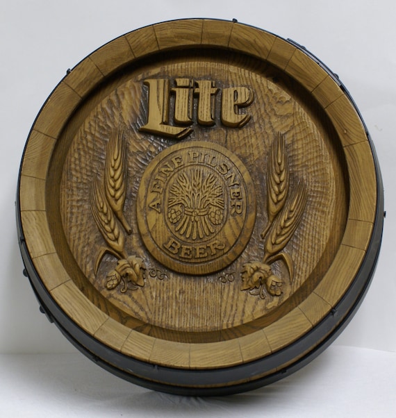 Vintage Miller Lite Beer Barrel Keg Top Sign Plastic Wood Look