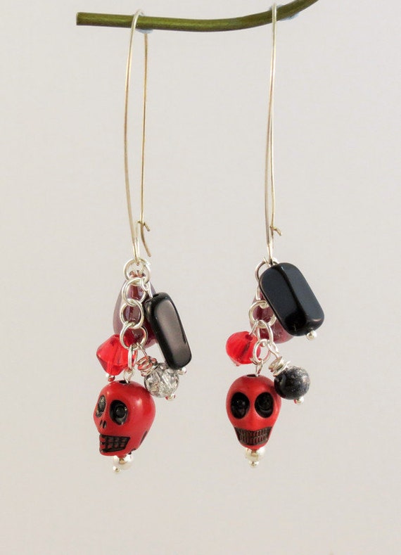 Dangle Red Skull Earrings - Halloween jewellery